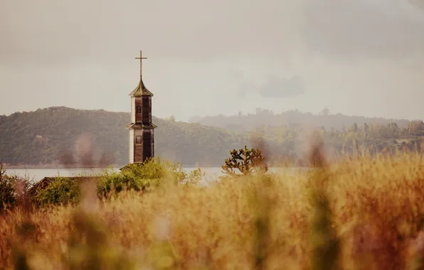 Трава, озеро, башня, крест, холм, церковь