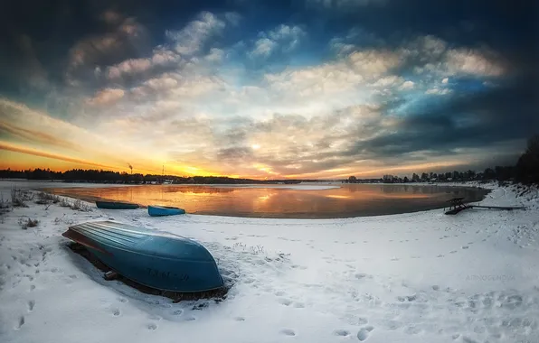 Картинка небо, облака, пейзаж, закат, природа, озеро