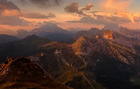 Картинка небо, облака, пейзаж, горы, природа, туман, холмы, вершины