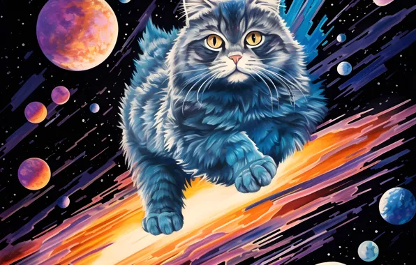 Кошка, кот, взгляд, космос, поза, мордашка, ИИ-арт, нейросеть