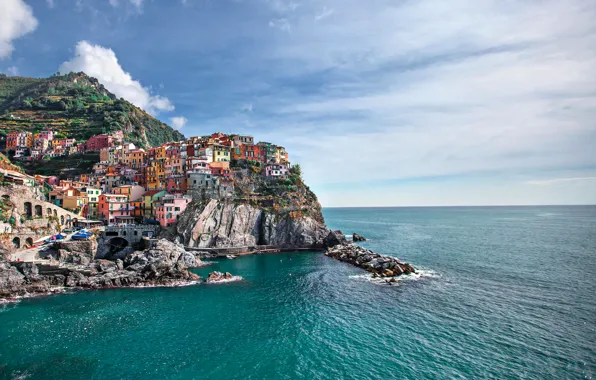 Море, небо, скала, дома, Италия, Manarola, Манарола, Лигурия