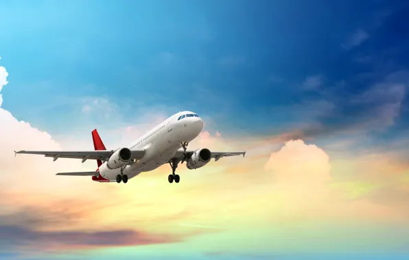 Картинка небо, облака, самолет, высота, летит, пассажирский, авиалайнер