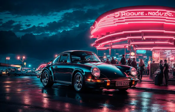 Картинка город, спорткар, Porsche 911, нейросеть