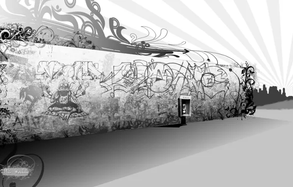 Стена, граффити, черно-белая, телефон