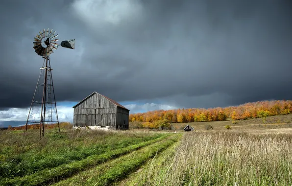 Картинка поле, осень, пейзаж, дом, ветряк