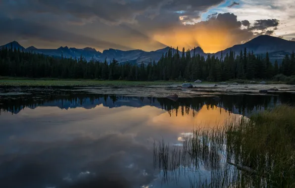 Картинка Закат, Вода, Природа, Отражение, Горы, Трава, Озеро, Деревья