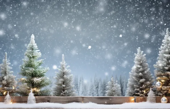 Зима, снег, шары, елка, Новый Год, Рождество, подарки, golden