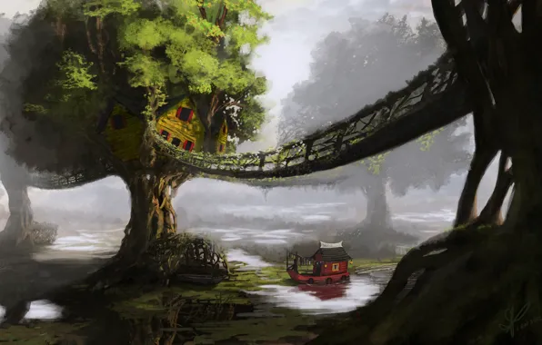 Картинка деревья, пейзаж, мост, река, корабль, дома, арт, хижины