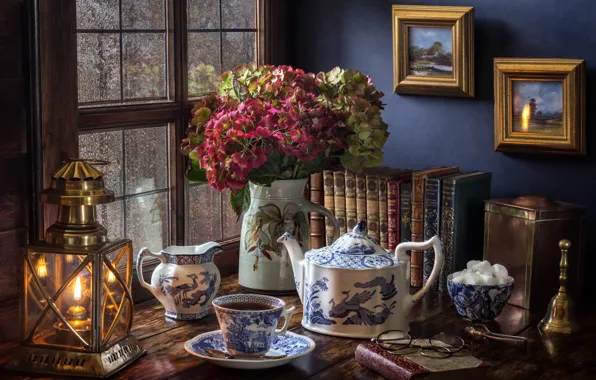 Картинка цветы, стиль, дождь, чай, книги, лампа, букет, чайник