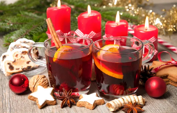 Шарики, свечи, Новый Год, печенье, Рождество, wine, orange, merry christmas