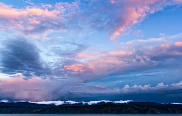 Картинка небо, облака, горы, пролив, голубое, вечер, Новая Зеландия, sky