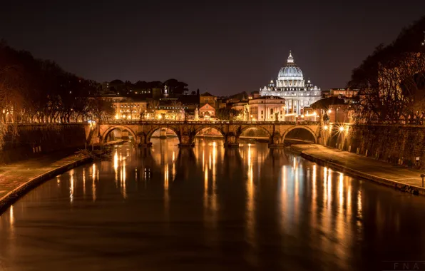 Ночь, мост, огни, река, Рим, Италия, Тибр, собор Святого Петра