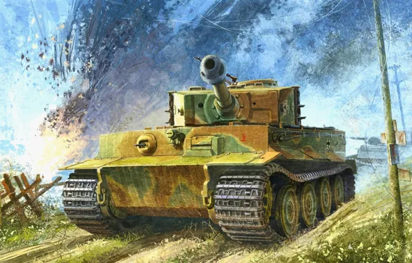 Картинка тигр, рисунок, вторая мировая, франция, нормандия, немцы, тяжелый танк, июль 1944