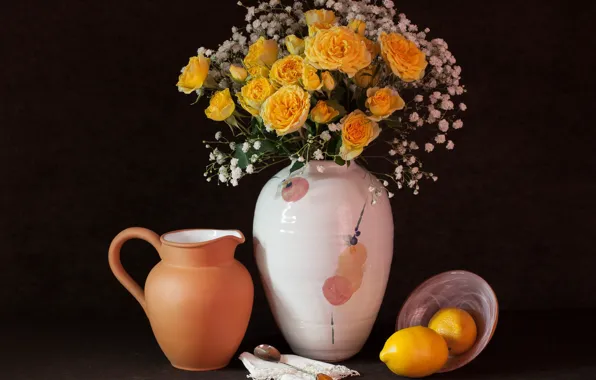 Картинка лимон, розы, ваза, гипсофила