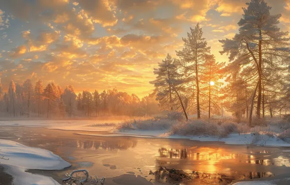Зима, иней, лес, небо, солнце, облака, лучи, свет