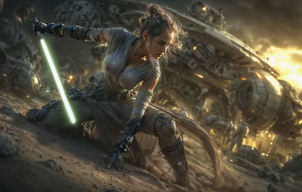 Девушка, природа, оружие, пустыня, Star Wars, fantasy, desert, weapon