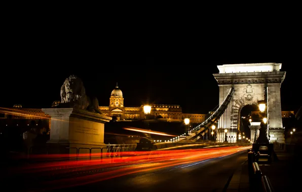 Картинка ночь, мост, огни, лев, опора, будапешт, Budapest, венгрия