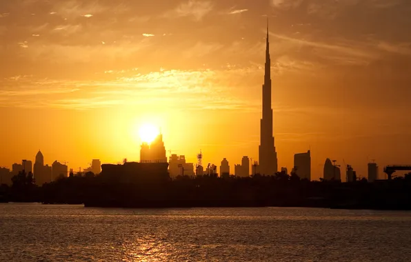 Картинка Dubai, ВОДА, НЕБО, ОБЛАКА, ЗАКАТ, ДОМА, ЗДАНИЯ, ДАЛЬ