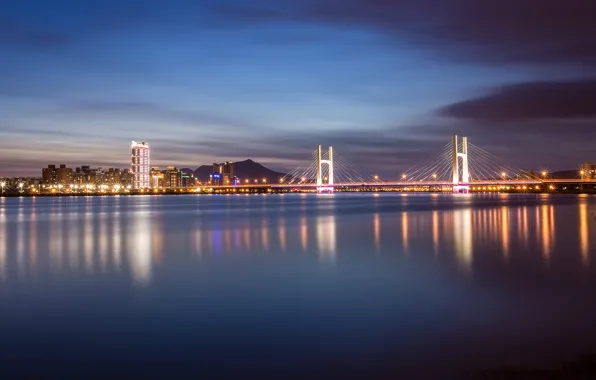 Картинка ночь, мост, city, lights, огни, отражение, река, China