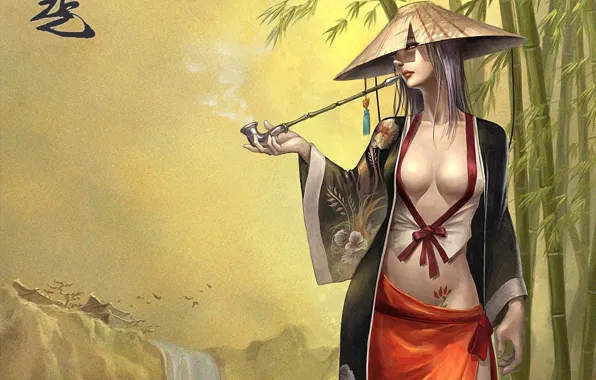Картинка девушка, водопад, трубка, бамбук, тату, кимоно