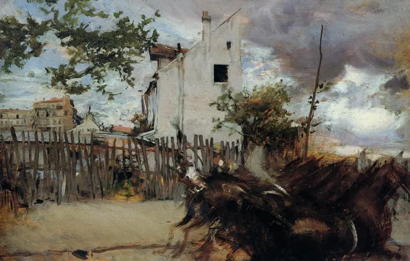 Картинка дом, забор, картина, лошади, Джованни Больдини, Окраина Парижа