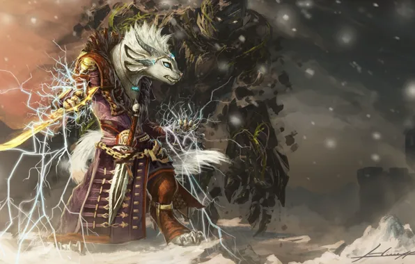 Skull, sword, fantasy, Guild Wars 2, monster, tail, snow, coat