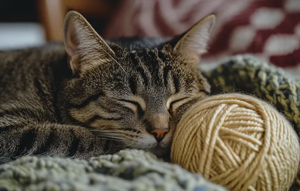 Кошка, кот, клубок, поза, серый, сон, спит, лежит
