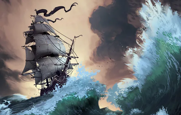 Waves, fantasy, storm, pirate ship, artist, ship, digital art, artwork