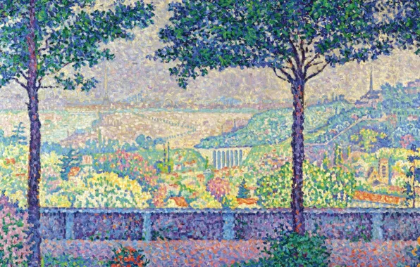 Пейзаж, картина, 1899, Поль Синьяк, пуантилизм, Paul Signac, Terrace of Meudon