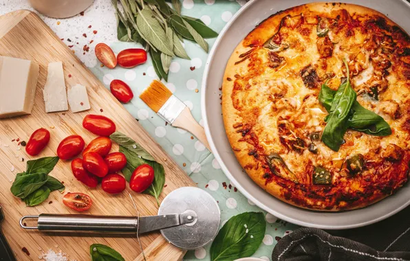 Зелень, сыр, нож, овощи, пицца, помидоры, pizza, начинка