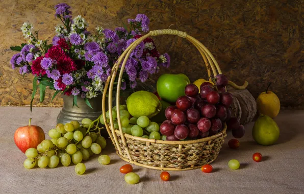 Картинка цветы, яблоки, букет, виноград, фрукты, натюрморт, груши, flowers