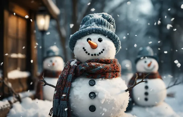 Зима, снег, Новый Год, Рождество, снеговик, happy, Christmas, night