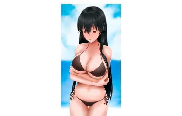 Girl, sexy, cleavage, long hair, boobs, anime, beautiful, red eyes
