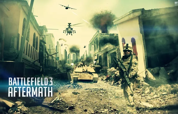 Картинка город, солдат, вертолёт, самолёт, Battlefield 3, aftermath