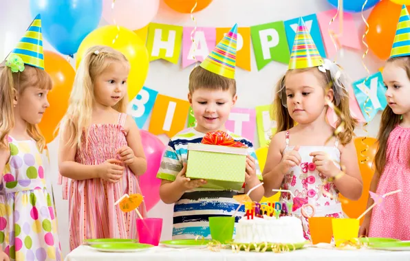 Дети, девочки, мальчик, подарки, торт, друзья, cake, girls