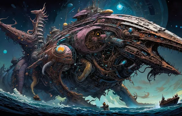 Корабль, техника, фэнтези, манстр