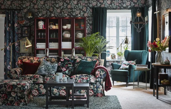 Дизайн, стильно, интерьер, софа, гостиная, ИКЕА, кресло-ухо, footstool covered in a vintage
