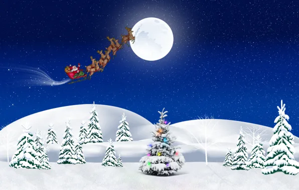 Картинка зима, снег, праздник, елка, новый год, подарки, упряжка, санта клаус