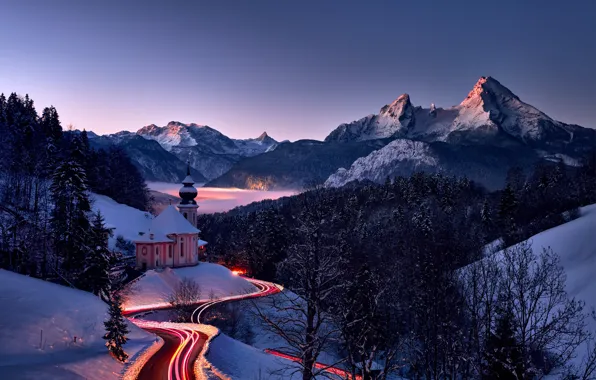 Зима, дорога, снег, пейзаж, горы, природа, холмы, вечер