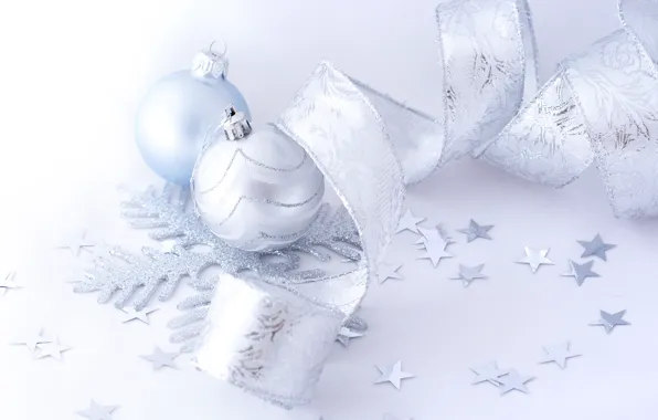 Картинка зима, шарики, украшения, игрушки, Новый Год, голубые, Рождество, лента