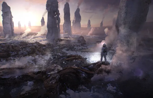 Скалы, космонавт, пар, Valley of Geysers, Europa (moon)