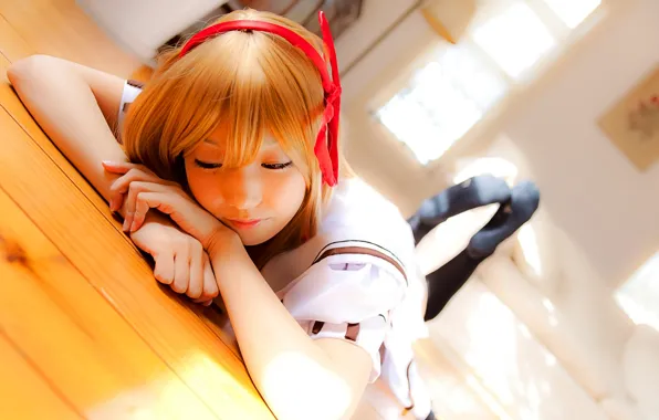 Окно, пол, лежит, рыжая, азиатка, бант, Cosplay