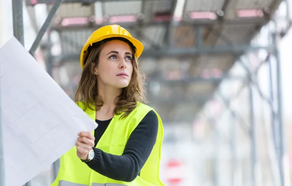 Engineer, female, blueprints, architect