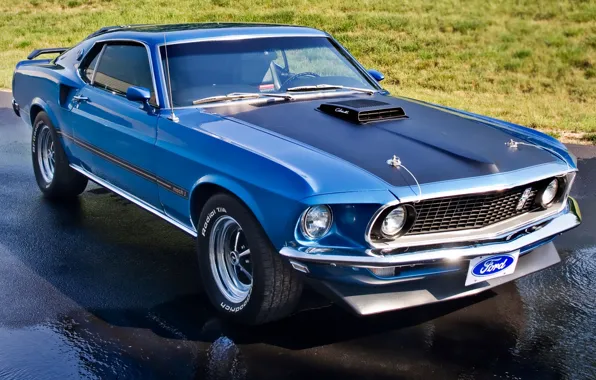Картинка синий, газон, Mustang, Ford, Форд, 1969, Мустанг, мускул кар