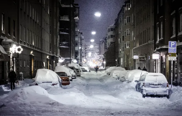 Ночь, город, улица, фонари, снегопад