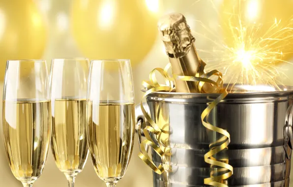 Бутылка, Новый Год, бокалы, golden, шампанское, серпантин, New Year, бенгальские огни