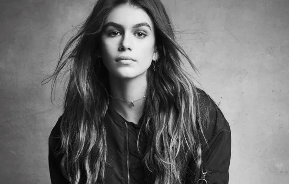 Взгляд, девушка, милая, волосы, куртка, черно-белое, Kaia Gerber