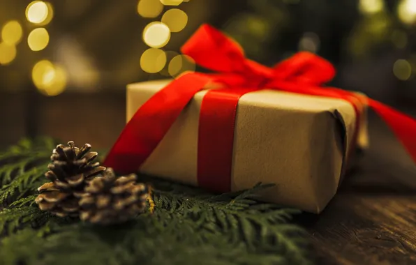 Картинка коробка, подарок, Новый Год, Рождество, лента, Christmas, box, wood