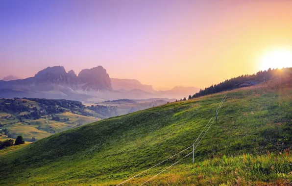 Картинка трава, горы, солнечный свет, красивый вид, сказочный пейзаж