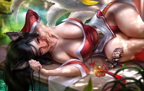 Озеро, игра, наряд, ушки, League of Legends, хвосты, Ahri